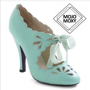 Mojo Moxy Mint Green Scalloped Cutout Heels with Bow